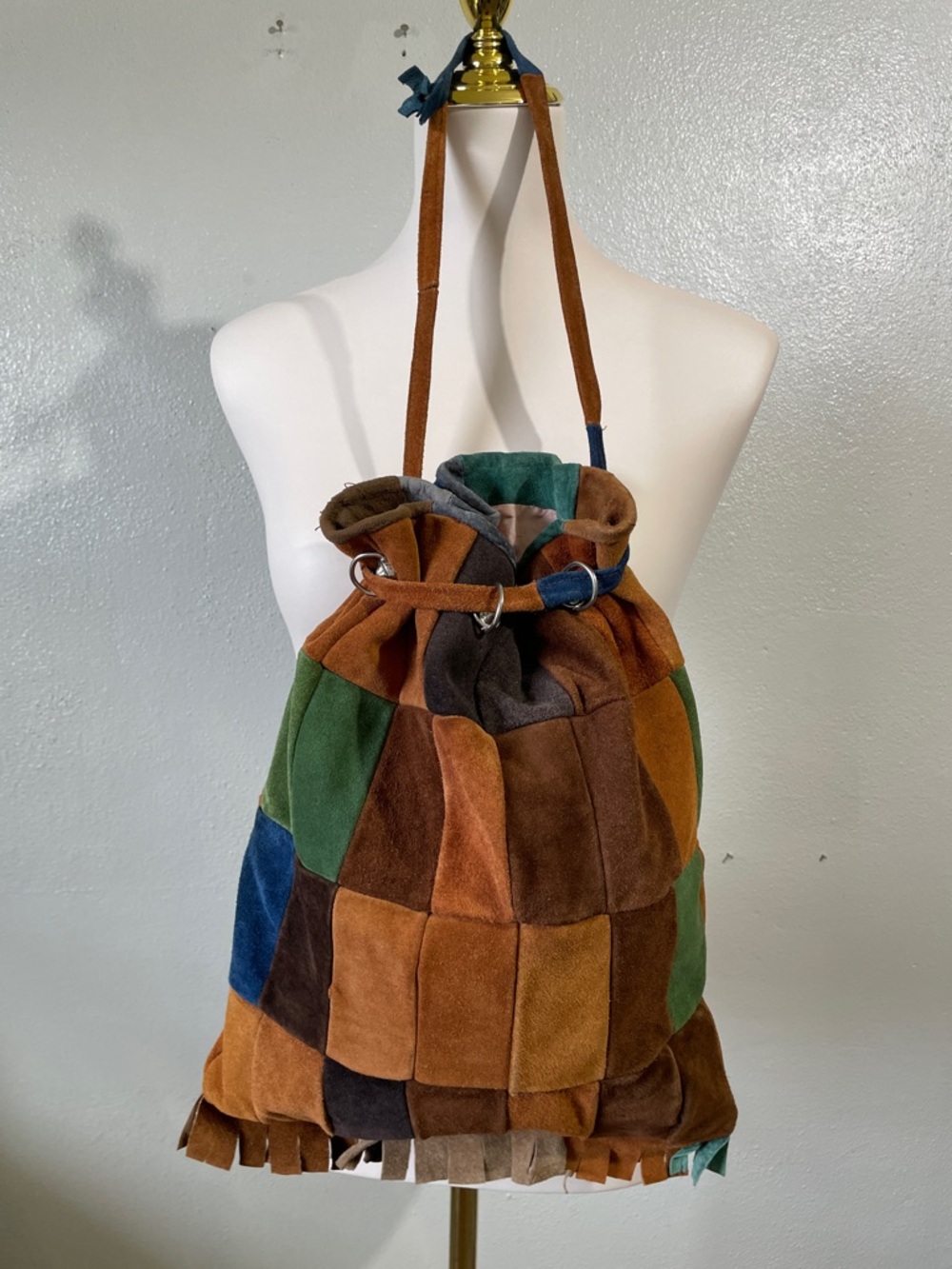 Folk Art Patchwork Festival Suede Bucket Bag Fringe Boho Earthy VTG  60’s 70’s